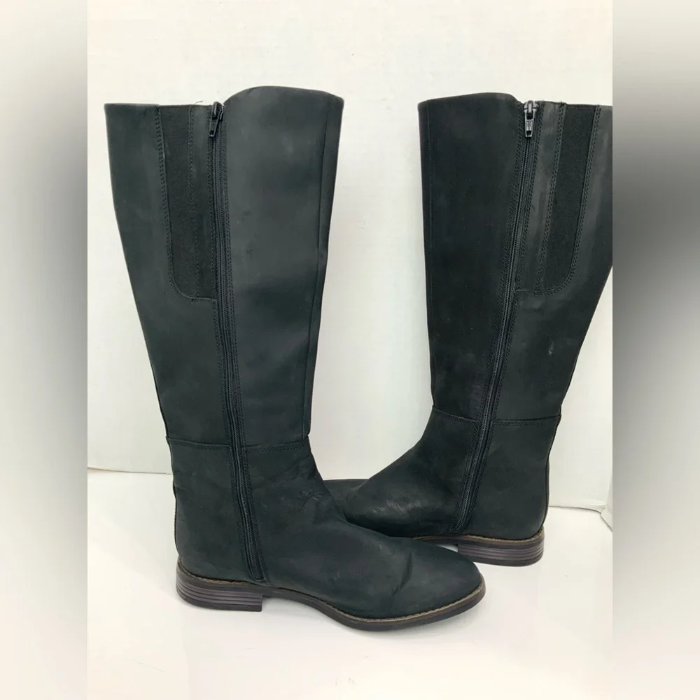 Clarks Sz 7.5 Camzin Branch Black Leather Buckle Zip Up‎ Knee Tall Riding Boots